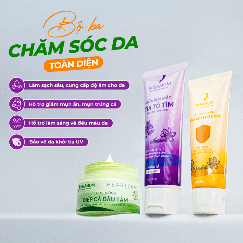 Bộ 3 Chăm Sóc Da Toàn Diện | Kem Diếp Cá Dâu Tằm, Kem Chống Nắng Bơ Nghệ, Sữa Rửa Mặt Tía Tô Tím